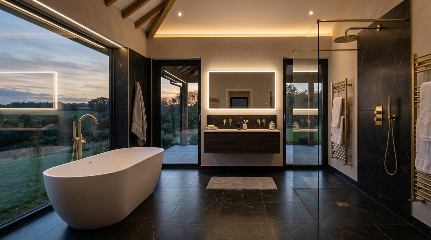 Luxury bathroom with freestanding bath and brushed gold fittings