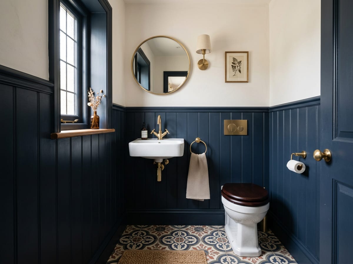Navy panelled cloakroom